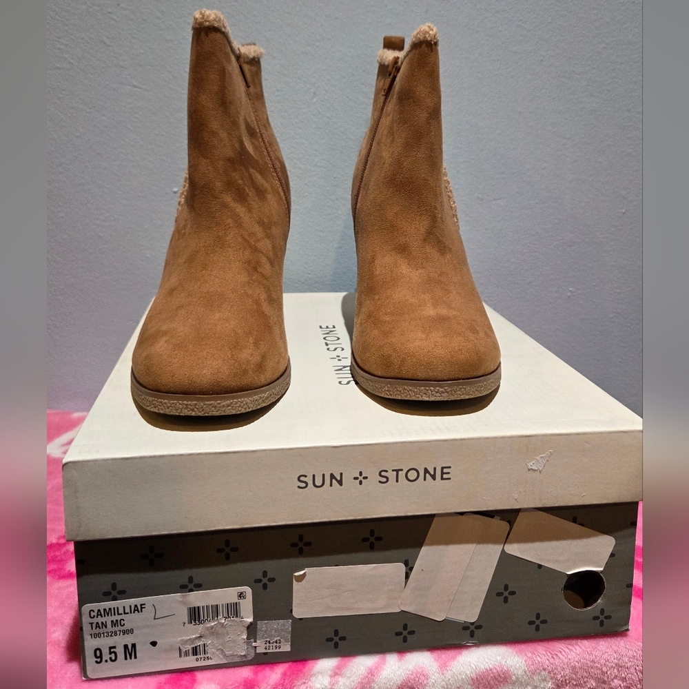 Sun & Stone Women's Camillia Tan Faux Suede Wedge Ankle Boot, Size 9.5M - Picture 2 of 10